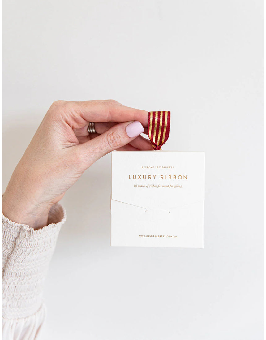Red and gold foil striped ribbon from Bespoke Letterpress, 10 meters of high-quality decorative ribbon for craft and gift wrapping.