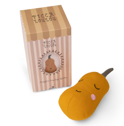 Picca Loulou Pumpkin Penelope yellow soft toy in box, adorable plush toy with bright yellow pumpkin design and soft fabric.