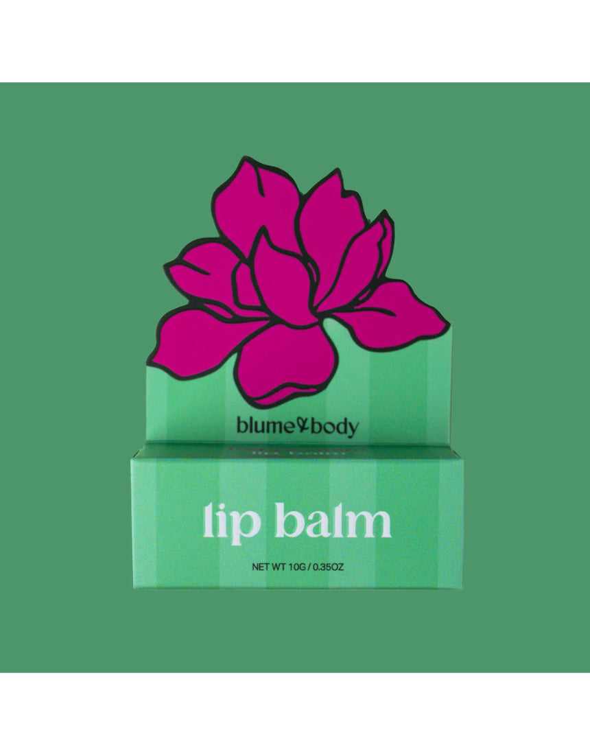 Green peppermint lip balm tube from Bloom & Body with a sleek green packaging and clear branding.