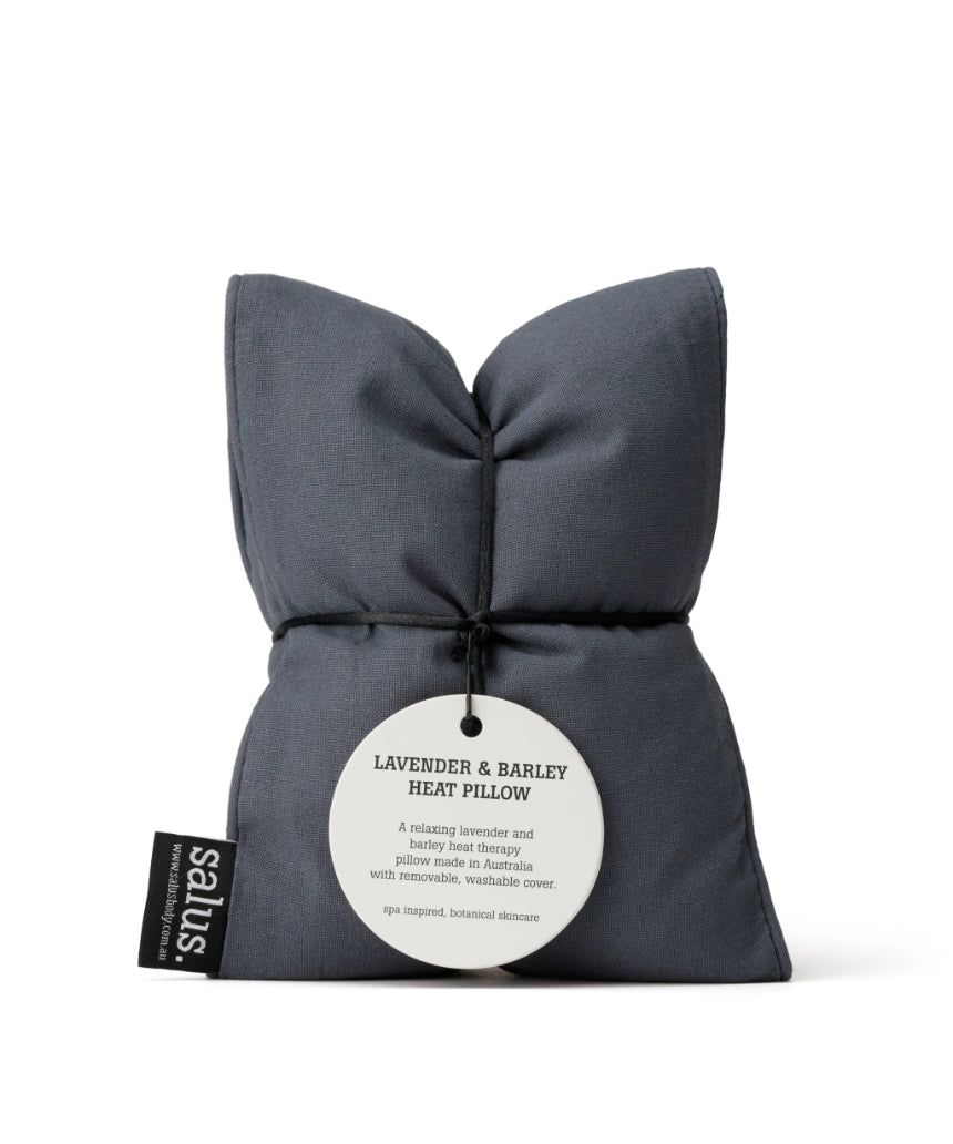 Salus Lavender and Barley Heat Pillow in charcoal color, soft fabric with lavender and barley accents, designed for soothing warmth.