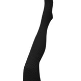 Black herringbone merino wool tights by Tightology, close-up of textured pattern and fitted design on model's legs.
