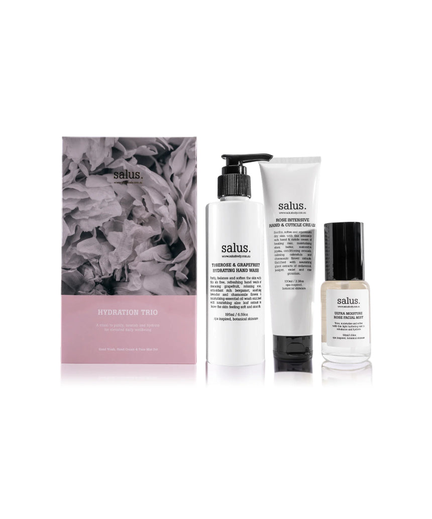 Say It Sister Hydration Trio set with colorful skincare bottles and natural ingredients for nourishing hydration.