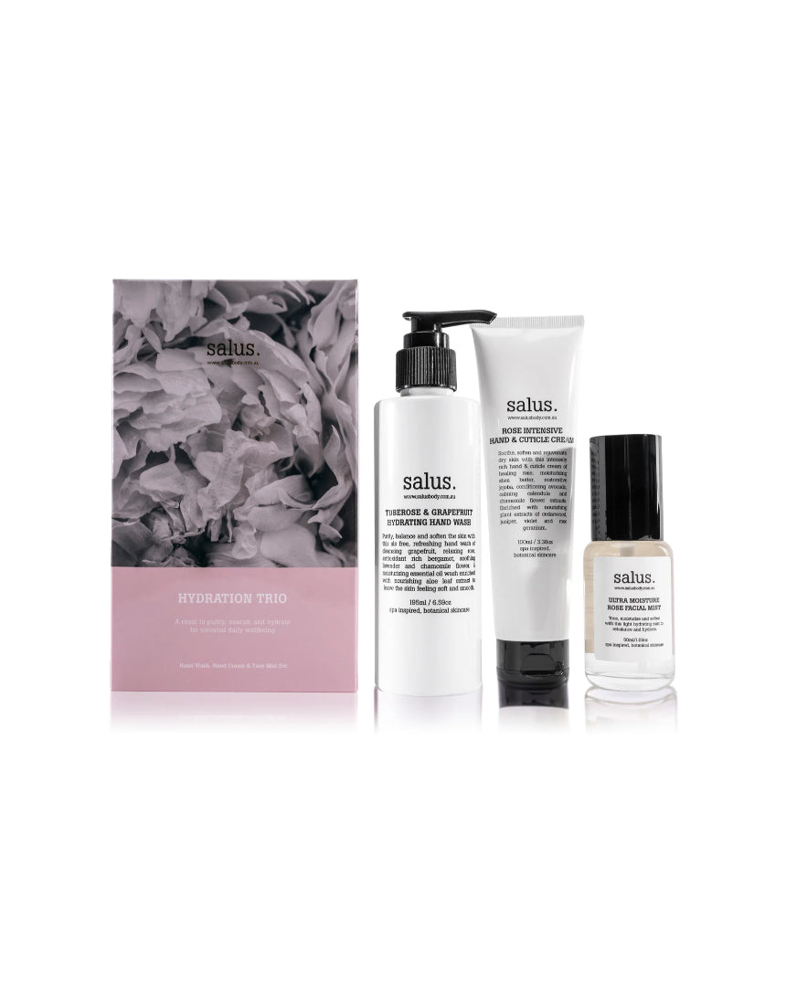 Say It Sister Hydration Trio set with colorful skincare bottles and natural ingredients for nourishing hydration.