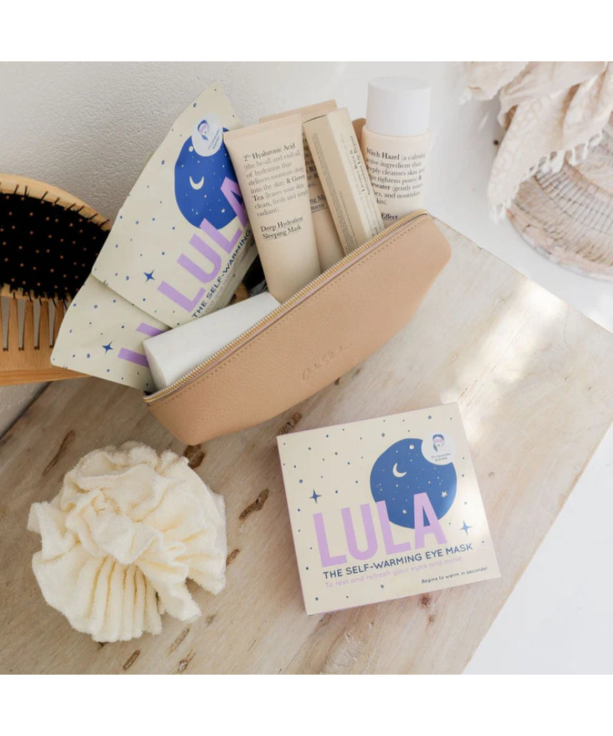 Lula Self-Warming Lavender Eye Mask set of 5, soft fabric with lavender scent, designed for relaxation and eye comfort.