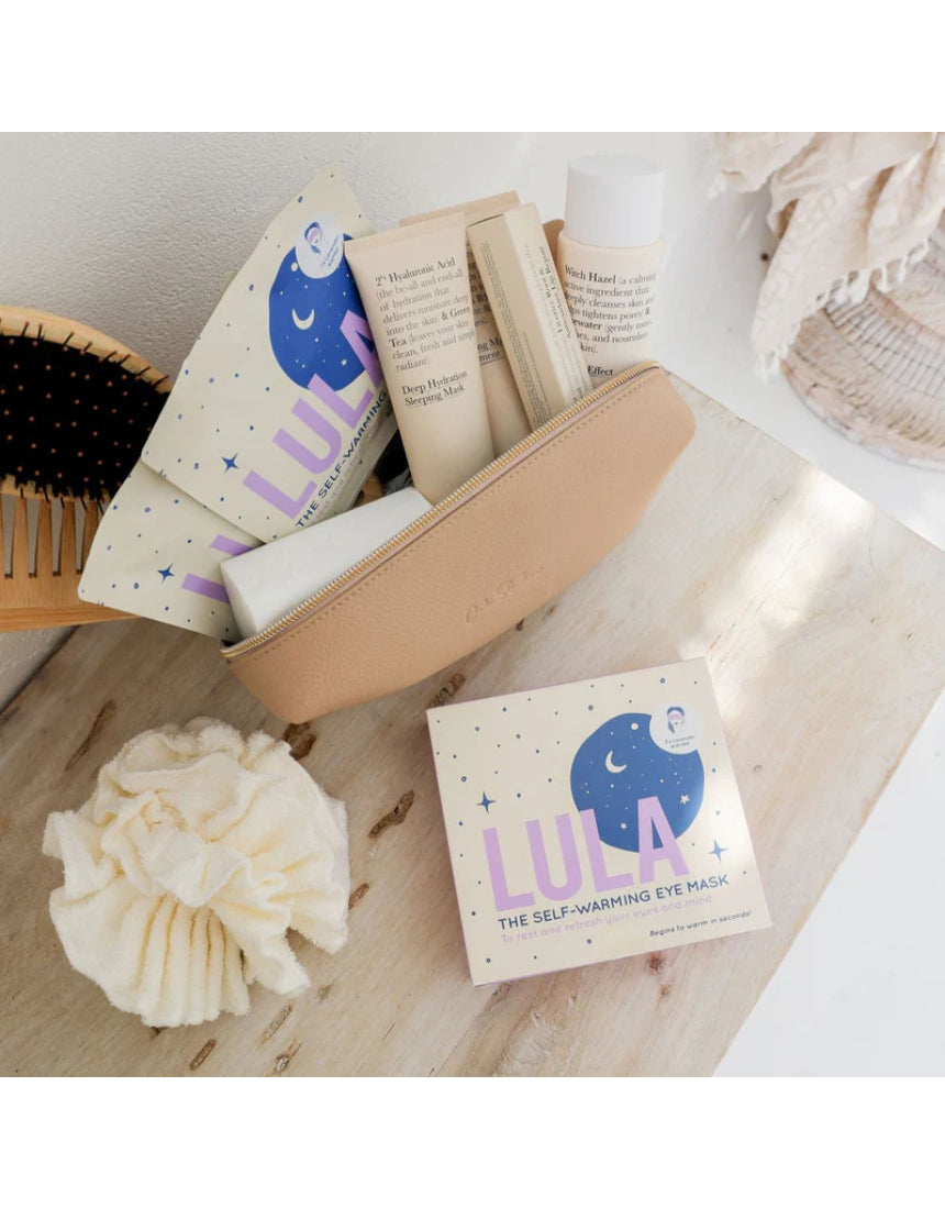 Lula Self-Warming Lavender Eye Mask set of 5, soft fabric with lavender scent, designed for relaxation and eye comfort.
