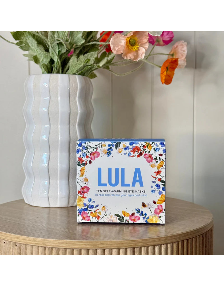 Lula self-warming eye mask mixed pack with 10 soft, comfortable eye masks for relaxation and soothing eye comfort.