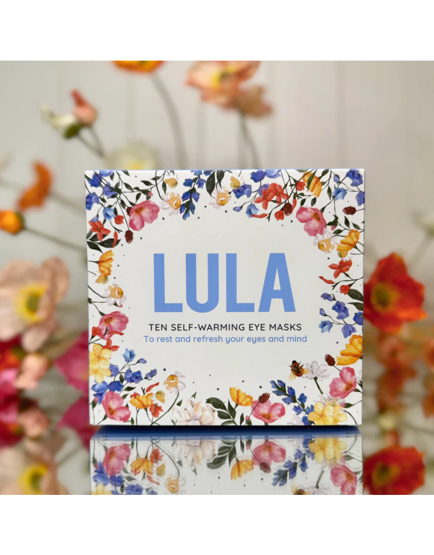 Lula self-warming eye masks in a mixed pack of 10, soft fabric covers for soothing eye relaxation and comfort.