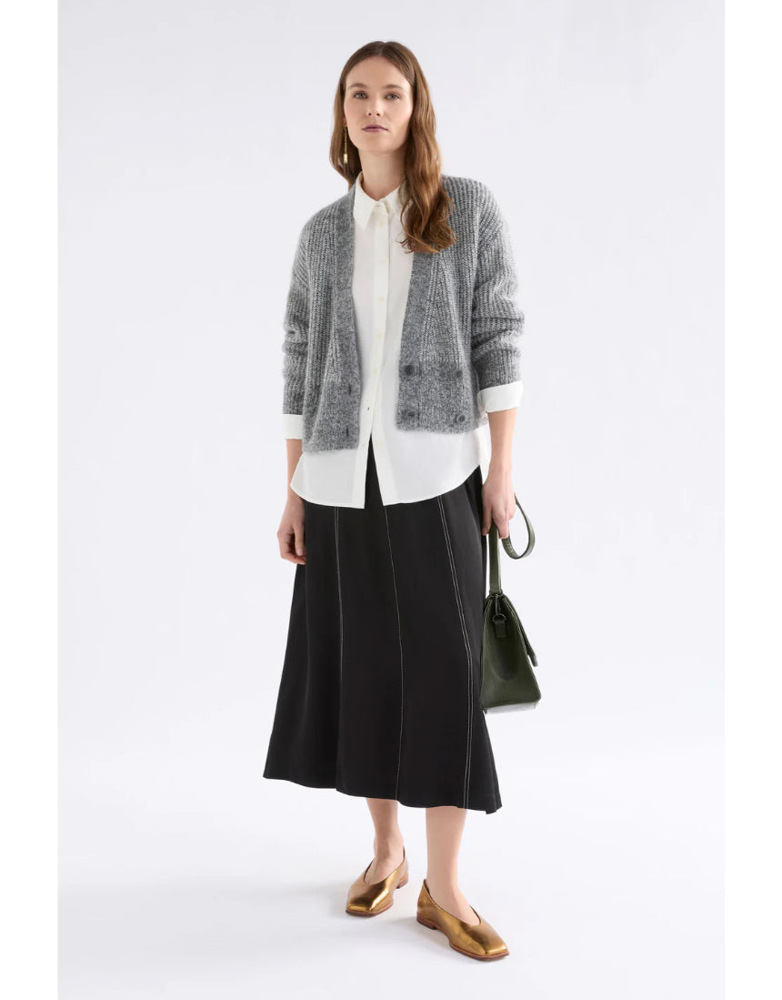 Elk Aleph Cardi in mid-grey melange, a cozy knitted clothing piece with a relaxed fit and textured fabric.