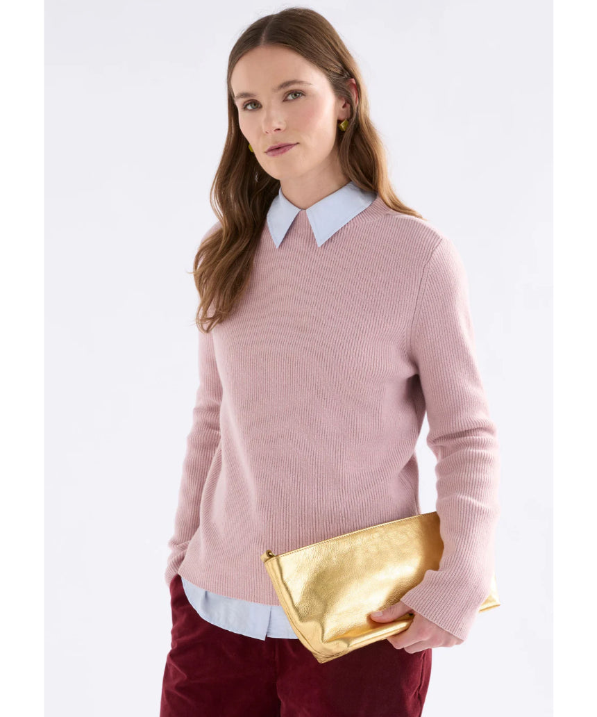 Elk Nevis Merino Sweater in blush color, showcasing soft wool fabric and classic fit on a model.