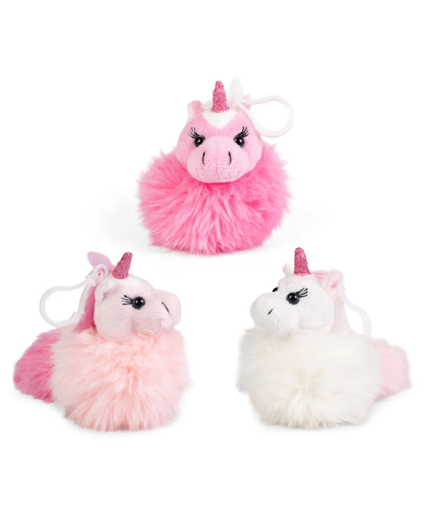 Colorful unicorn pom pom clip by William Valentine with a fluffy pom pom and a cute unicorn design, perfect for accessories or decor.