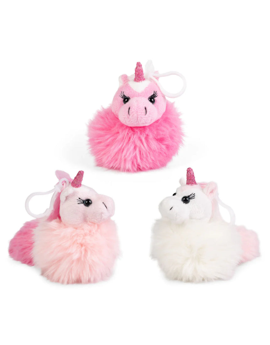 Colorful unicorn pom pom clip by William Valentine with a fluffy pom pom and a cute unicorn design, perfect for accessories or decor.