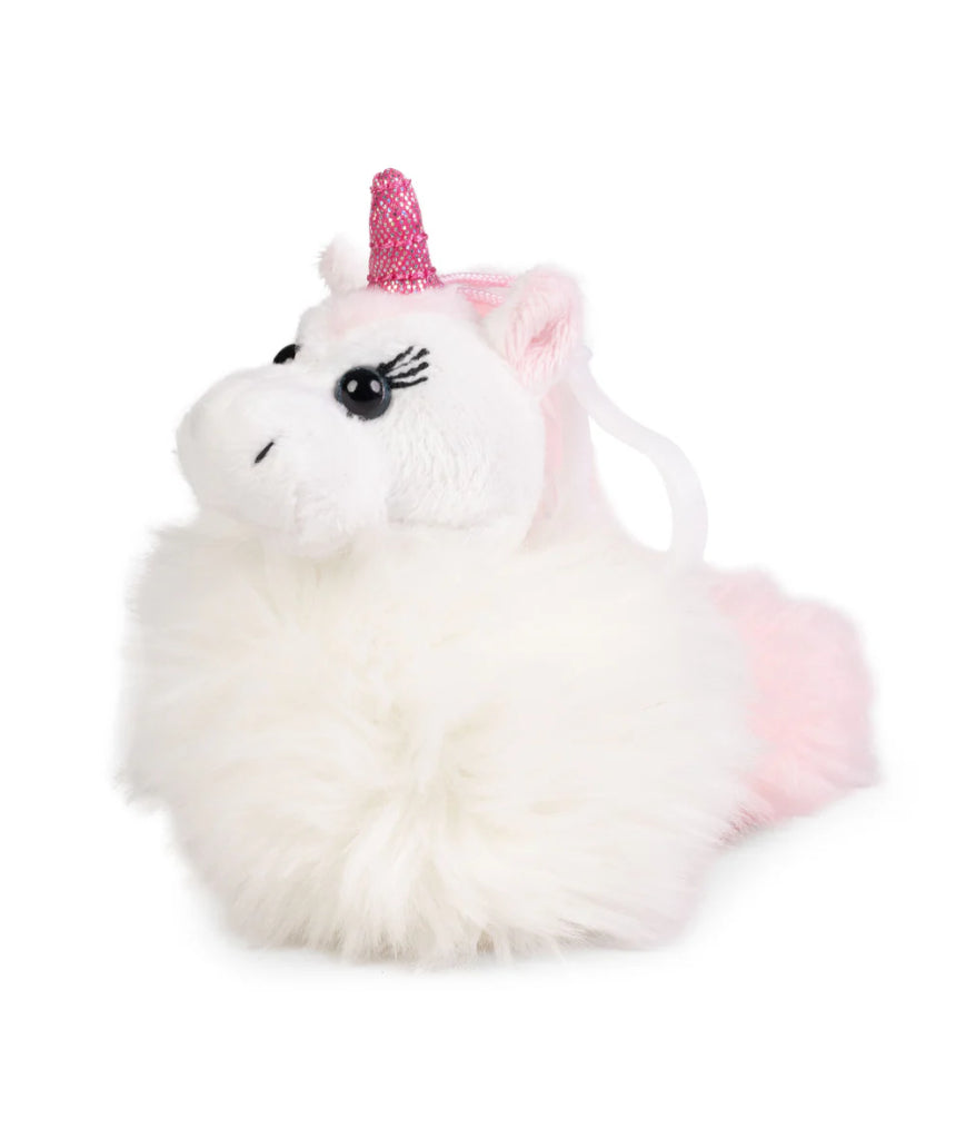 William Valentine unicorn pom pom clip with colorful plush pom pom and decorative horn, perfect for hair accessories or decor.