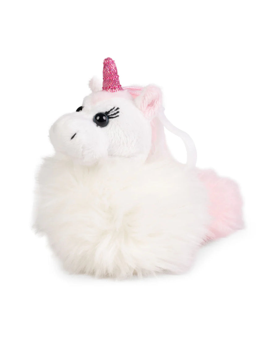 William Valentine unicorn pom pom clip with colorful plush pom pom and decorative horn, perfect for hair accessories or decor.