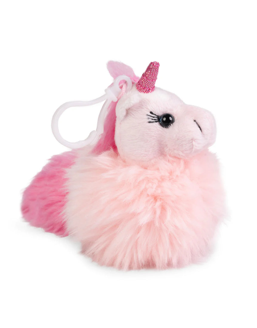 William Valentine unicorn pom pom clip with colorful plush pom poms and a silver clip for hair or accessories.