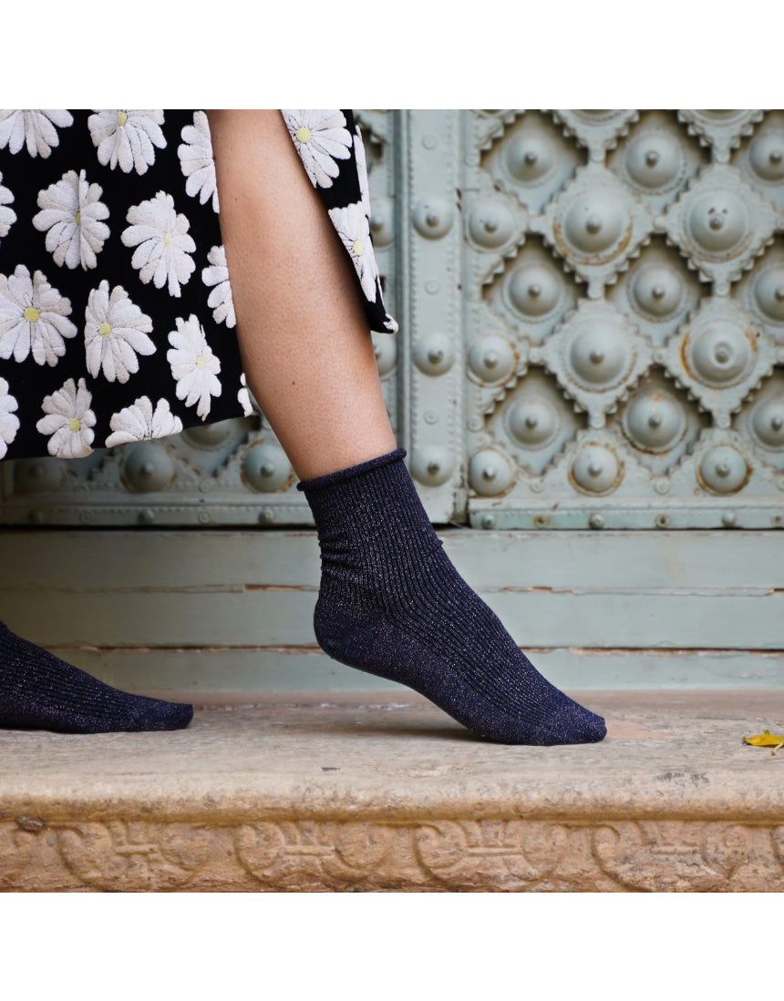 Blue Klue Glitter Lurex Socks with shiny, sparkly fabric and ribbed cuffs, designed for a stylish and comfortable fit.