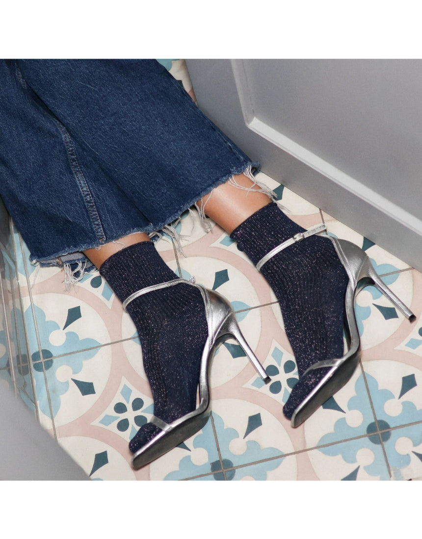 Blue glitter lurex socks by Klue featuring shiny, sparkly knit fabric and a comfortable fit.