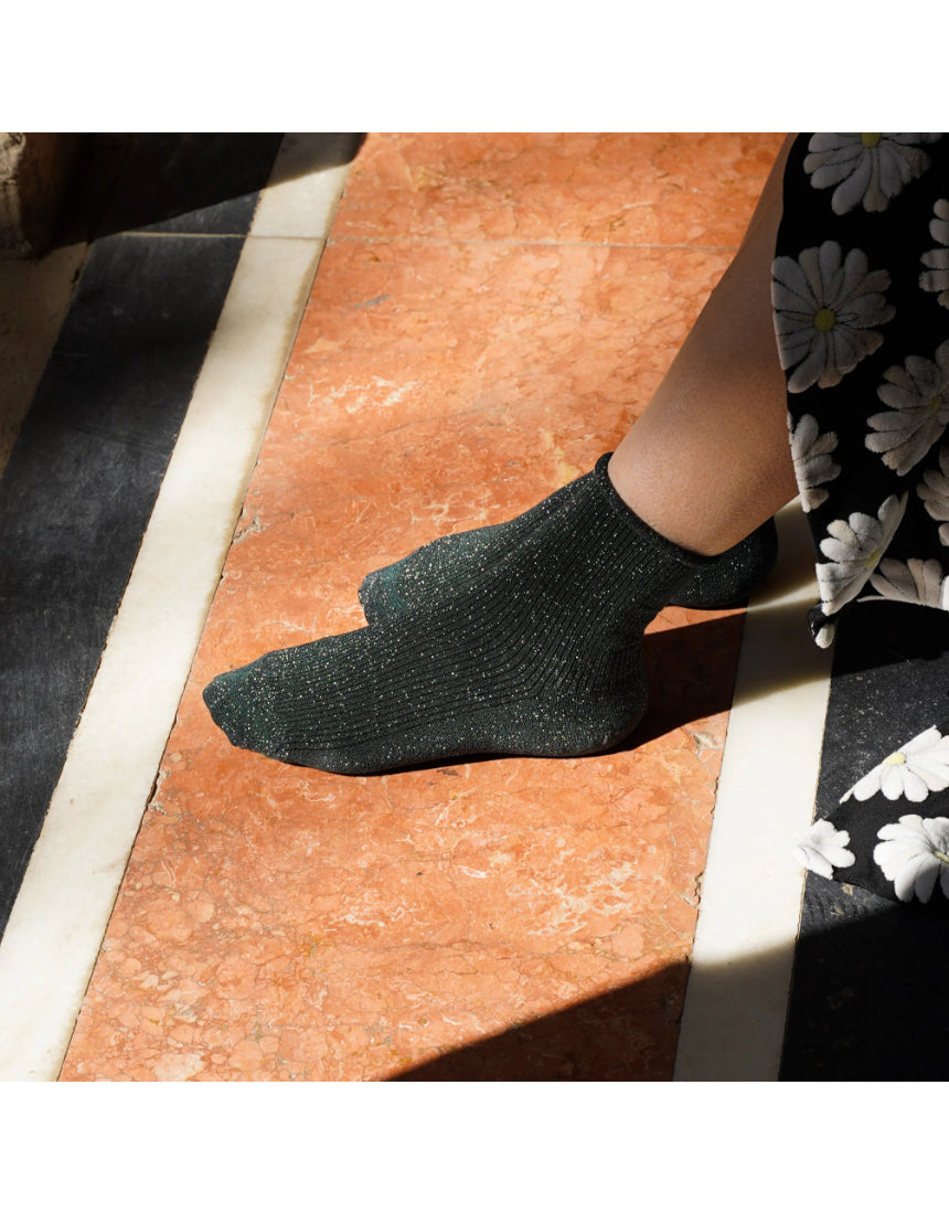 Green Klue Glitter Lurex Socks featuring shiny, textured fabric with a snug fit and stylish sparkle detail.
