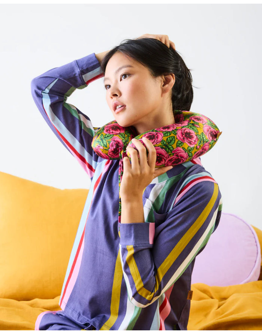 Kip & Co golden peony silk travel pillow with matching cover, soft and luxurious for comfortable travel.