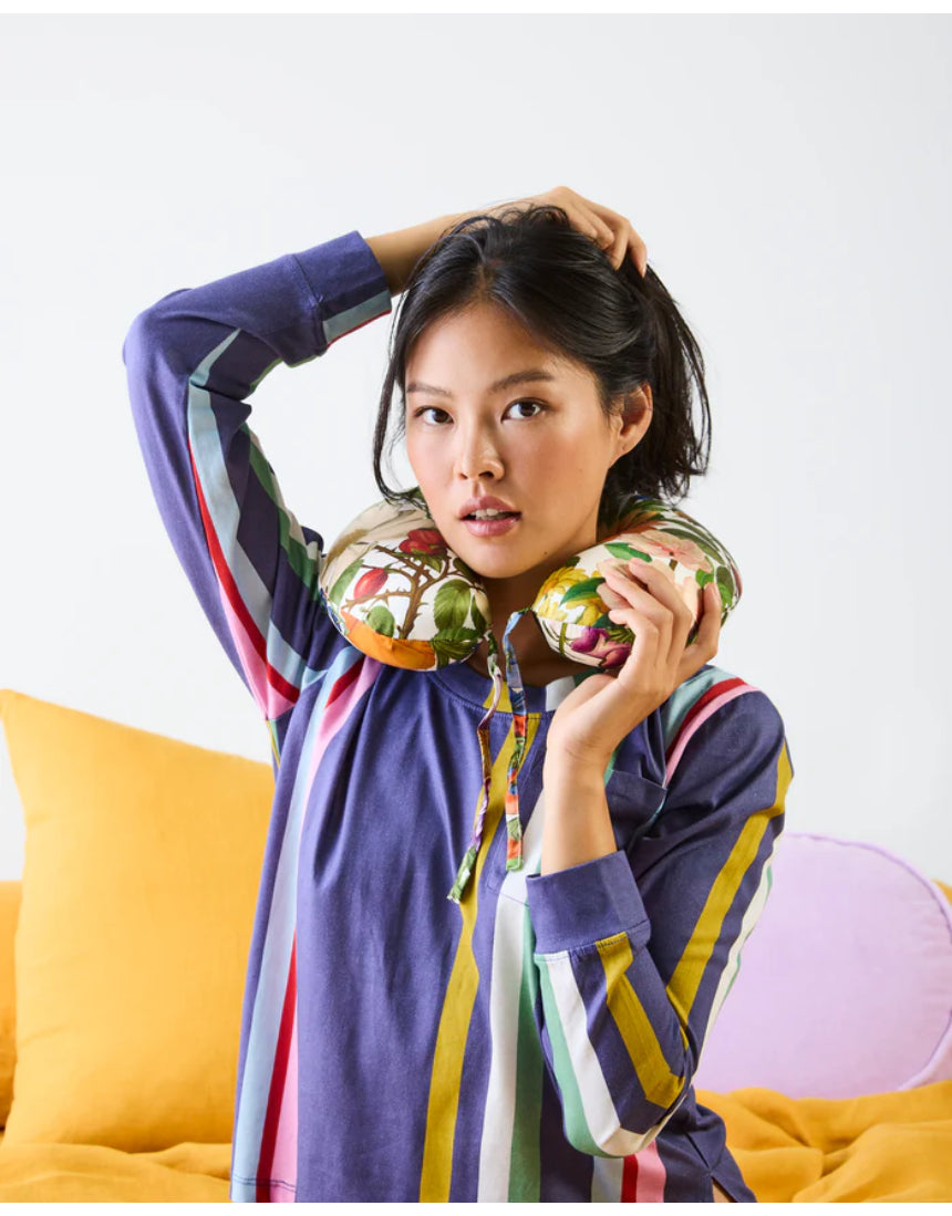 Kip & Co Cottage Garden silk travel pillow with floral pattern and soft fabric, designed for comfortable travel rest.