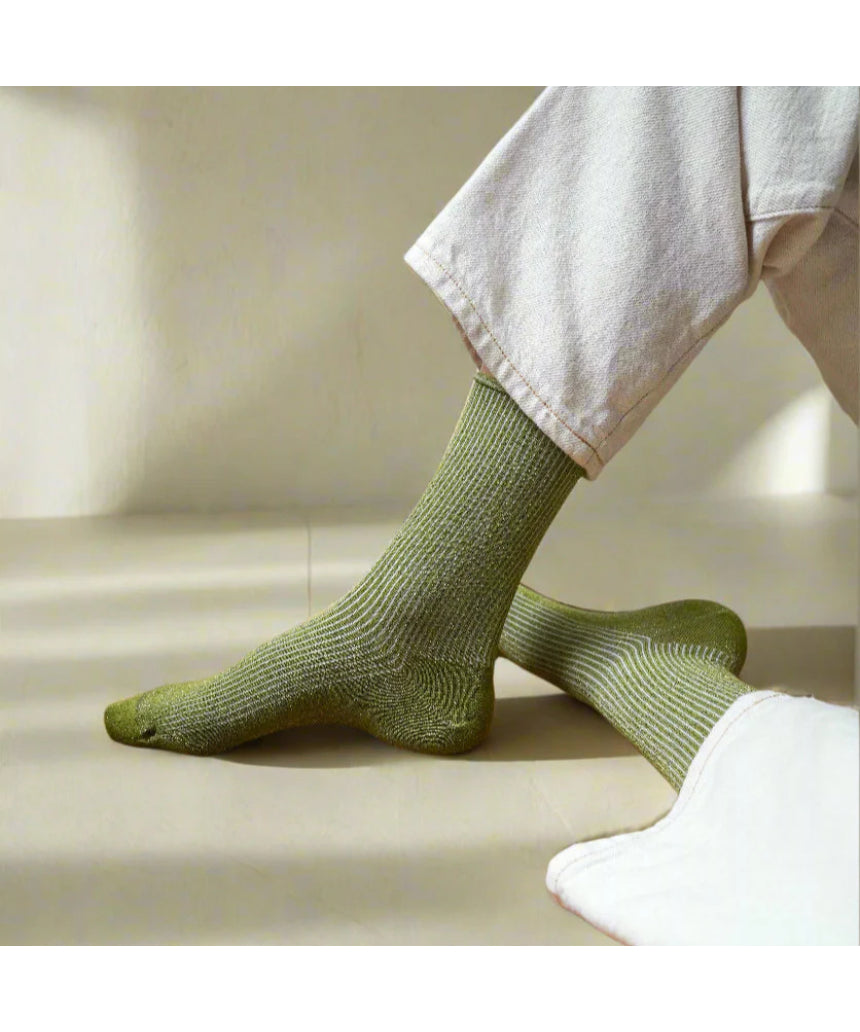 Olive green Klue Glitter Lurex Socks with shimmering yarn and ribbed cuffs, stylish and comfortable for everyday wear.