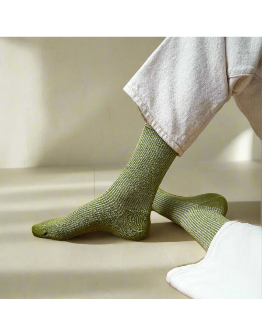 Olive green Klue Glitter Lurex Socks with shimmering yarn and ribbed cuffs, stylish and comfortable for everyday wear.