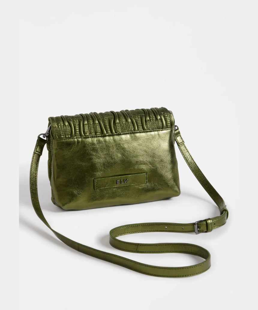 Olive green Elk Liska crossbody bag with adjustable strap and sleek design, made from durable leather.