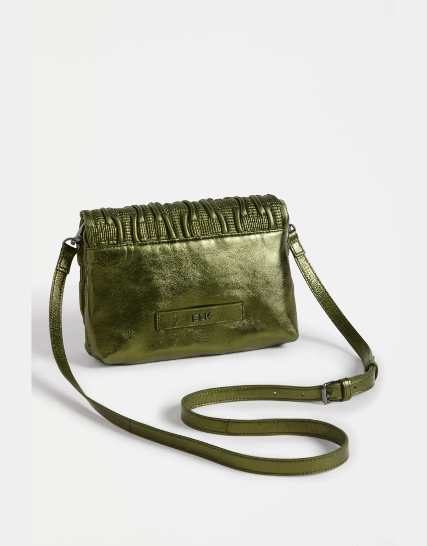 Olive green Elk Liska crossbody bag with adjustable strap and sleek design, made from durable leather.