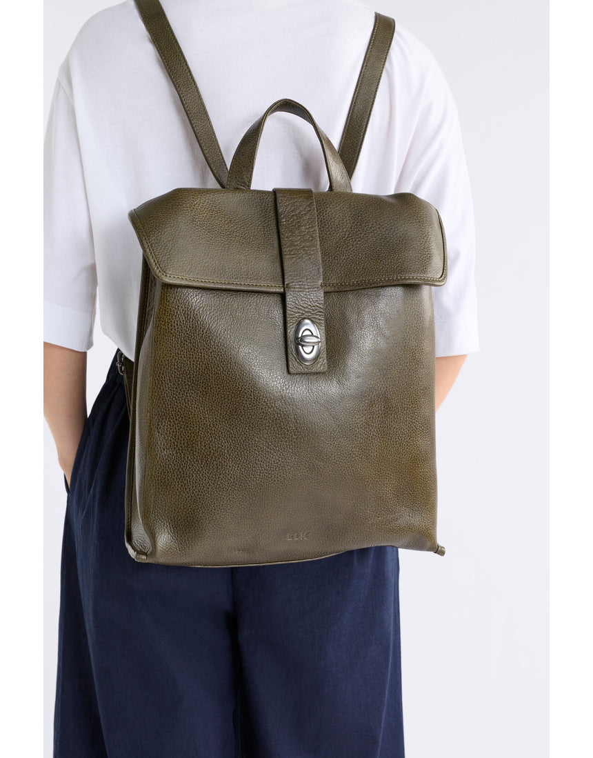 ELK The Label Hyddan backpack in dark olive color with adjustable straps and zippered main compartment.