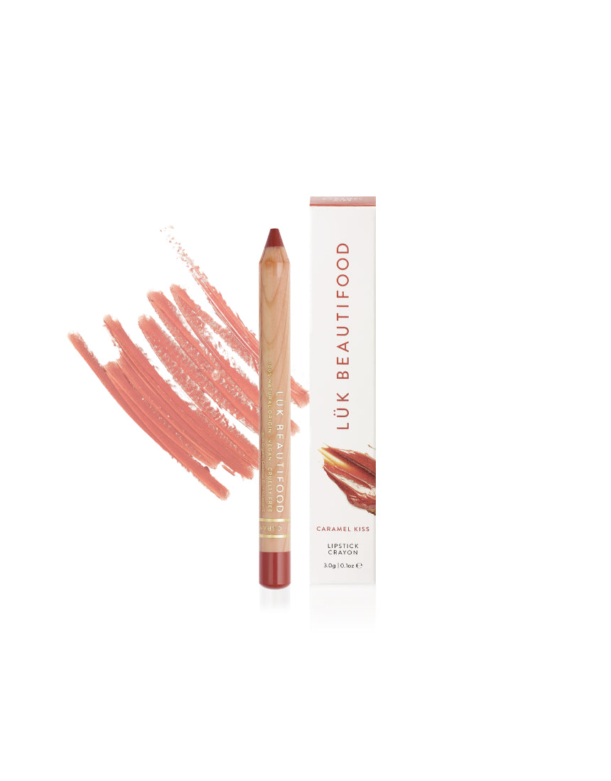 Luk Beautifood Natural Lipstick Crayon in Caramel Kiss with packaging, showcasing the creamy, caramel-colored lip color.