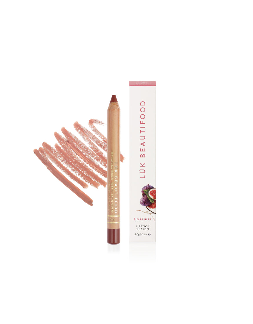 Luk Beautifood Natural Lipstick Crayon in Fig Brûlée with packaging, showcasing the creamy lipstick and box.