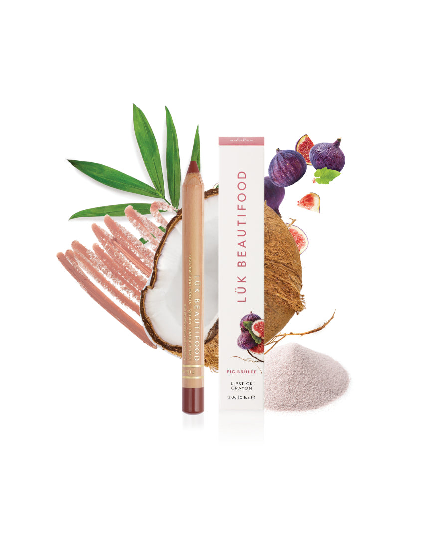 Luk Beautifood Natural Lipstick Crayon in Fig Brûlée displayed with its box, showing the lipstick and ingredients.