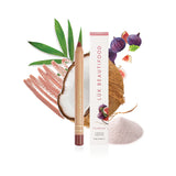 Luk Beautifood Natural Lipstick Crayon in Fig Brûlée displayed with its box, showing the lipstick and ingredients.