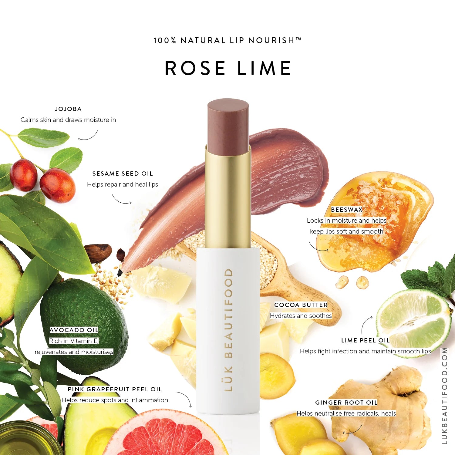 Lük Beautifood Bon Bon Rose Lime Lip Nourish balm in a sleek container, showcasing the natural lip care product.