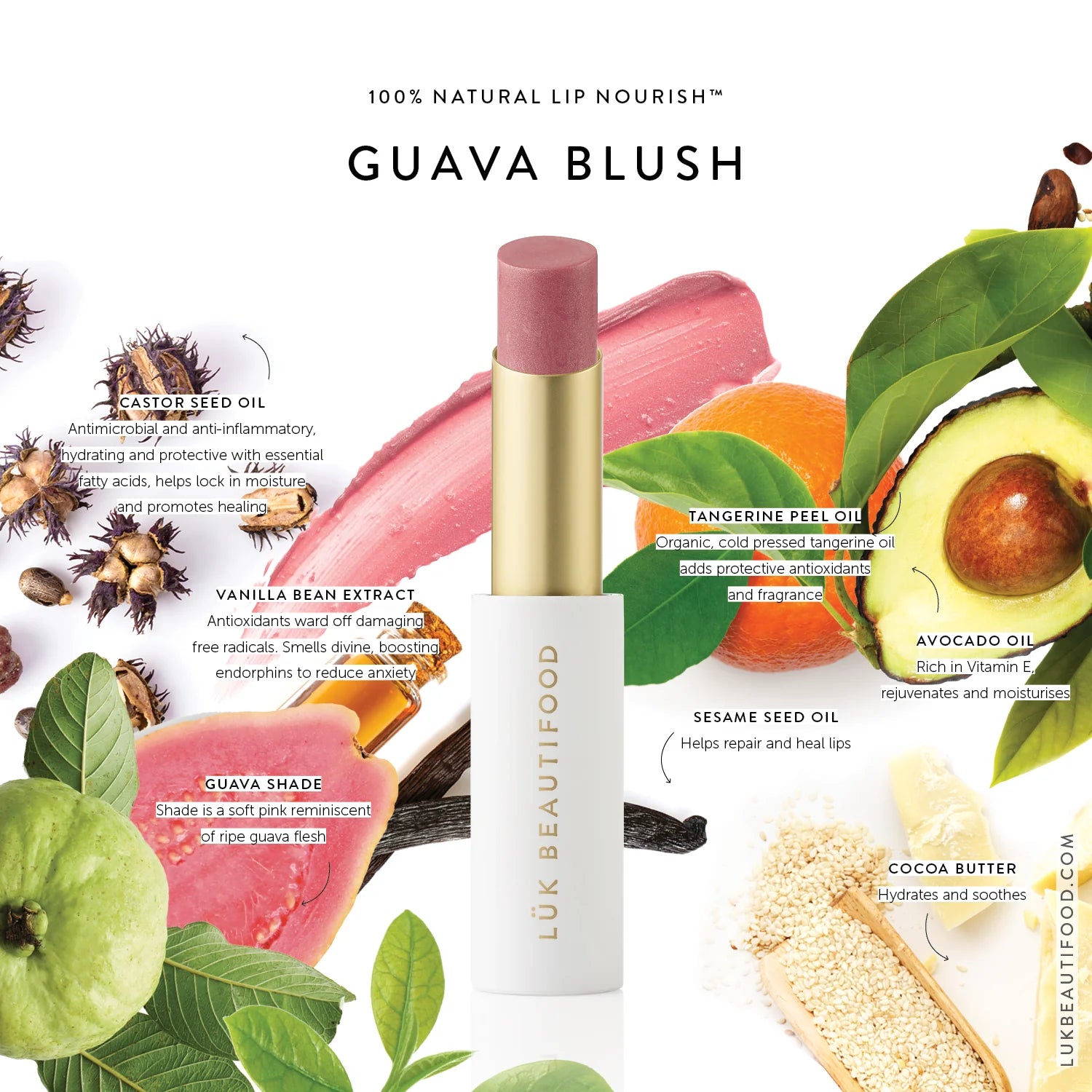 Lük Beautifood Bon Bon Guava Blush Lip Nourish with soft buttery pink color and natural ingredients, shown in close-up image.