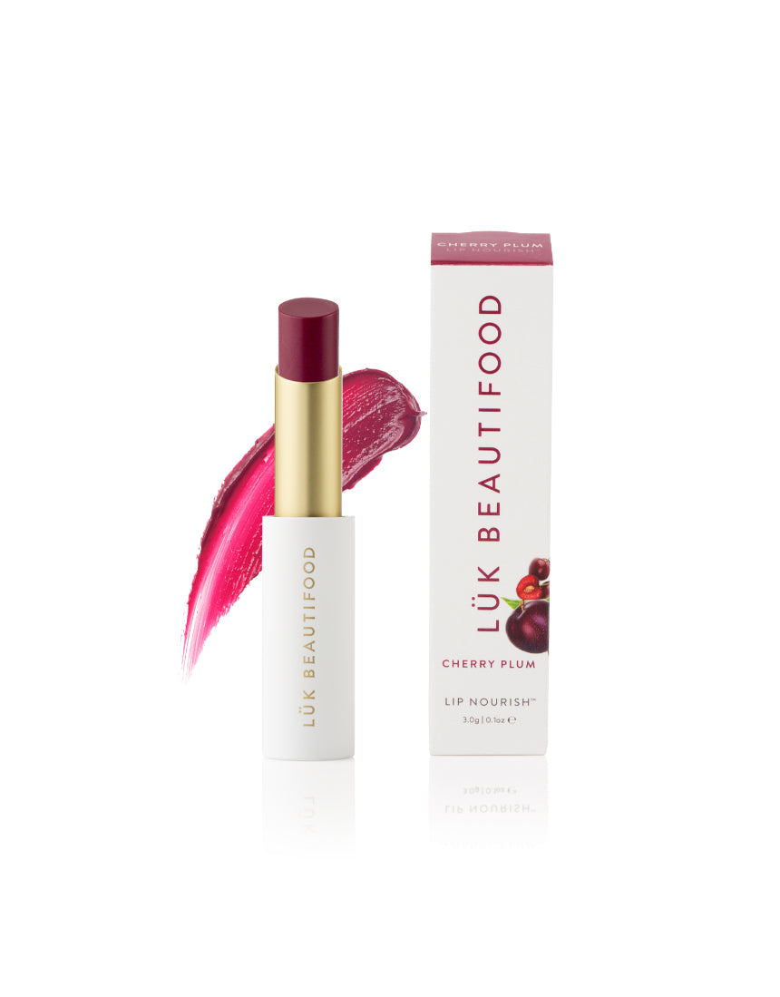 Luk Beautifood Lip Nourish lipstick in Cherry Plum, featuring a rich, natural lipstick tube with the product name visible.