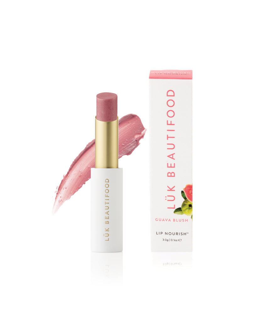 Luk Beautifood Lip Nourish lipstick in Guava Blush with smooth, creamy texture and natural pink shade.
