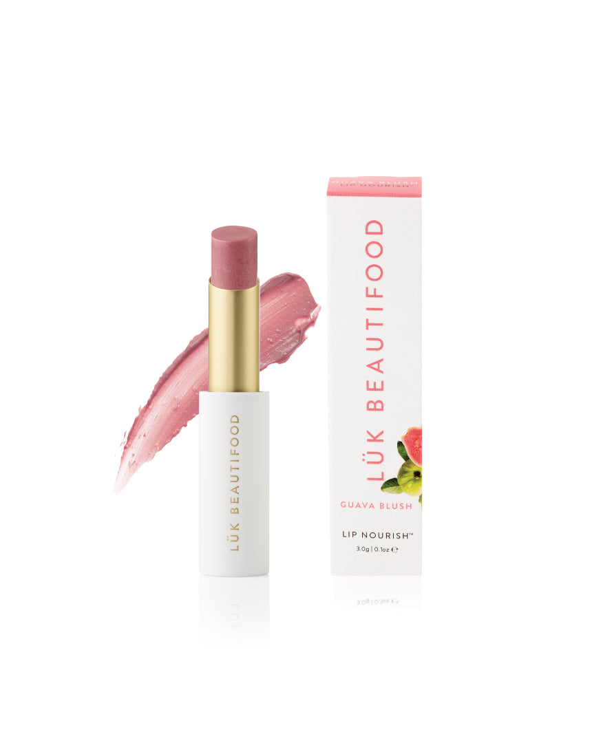 Luk Beautifood Lip Nourish lipstick in Guava Blush with smooth, creamy texture and natural pink shade.