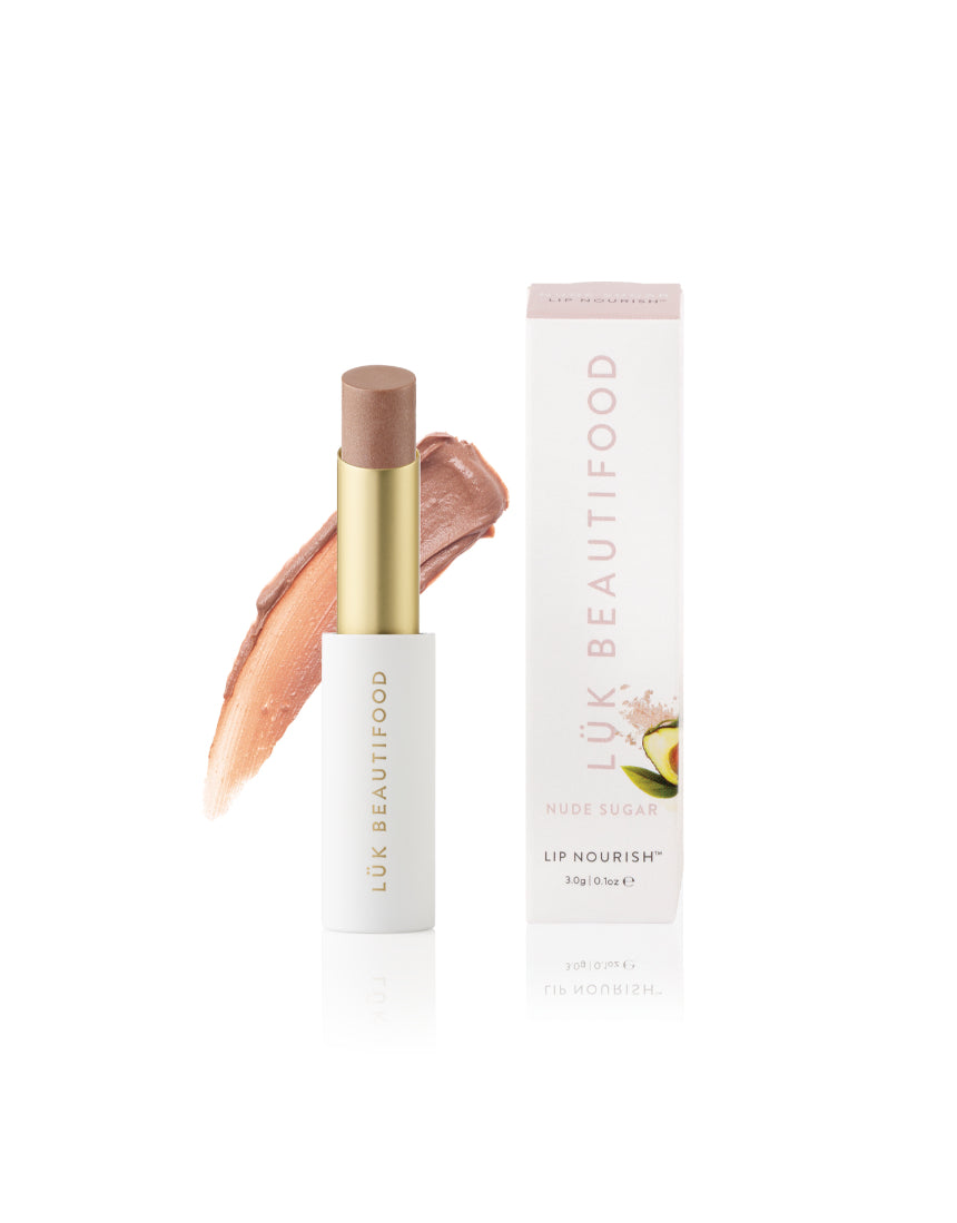 Luk Beautifood Lip Nourish lipstick in Nude Sugar, displaying the smooth, natural lipstick bullet in a neutral shade.
