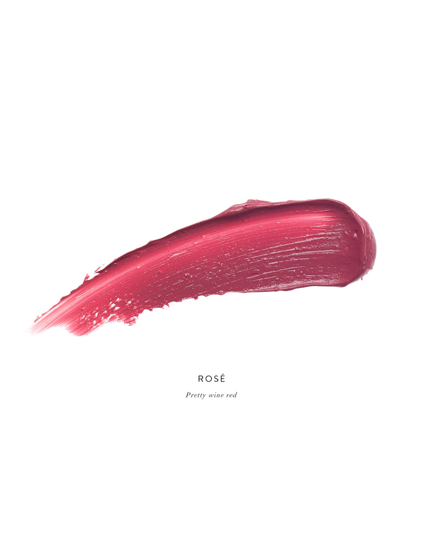 Luk Beautifood Lip Nourish lipstick in Rosé shade, featuring smooth, natural finish in a sleek tube with the product name.