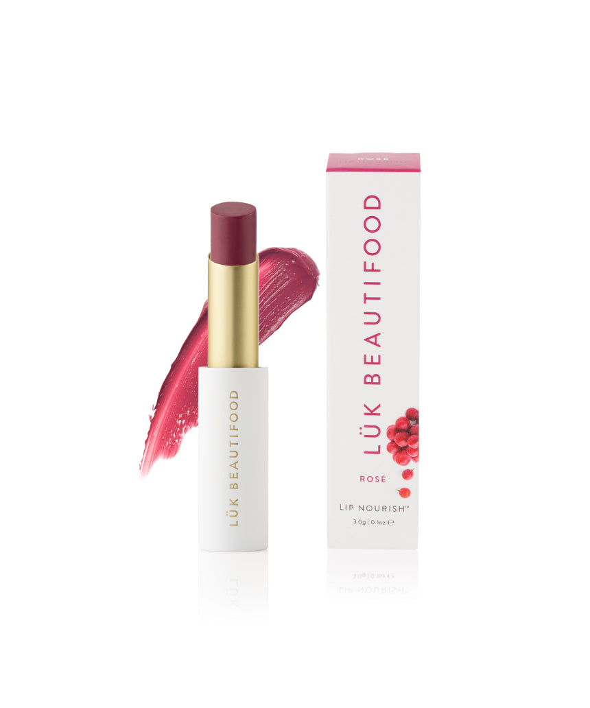 Luk Beautifood Lip Nourish lipstick in Rosé shade, showcasing a creamy, natural-colored lip product with sleek packaging.