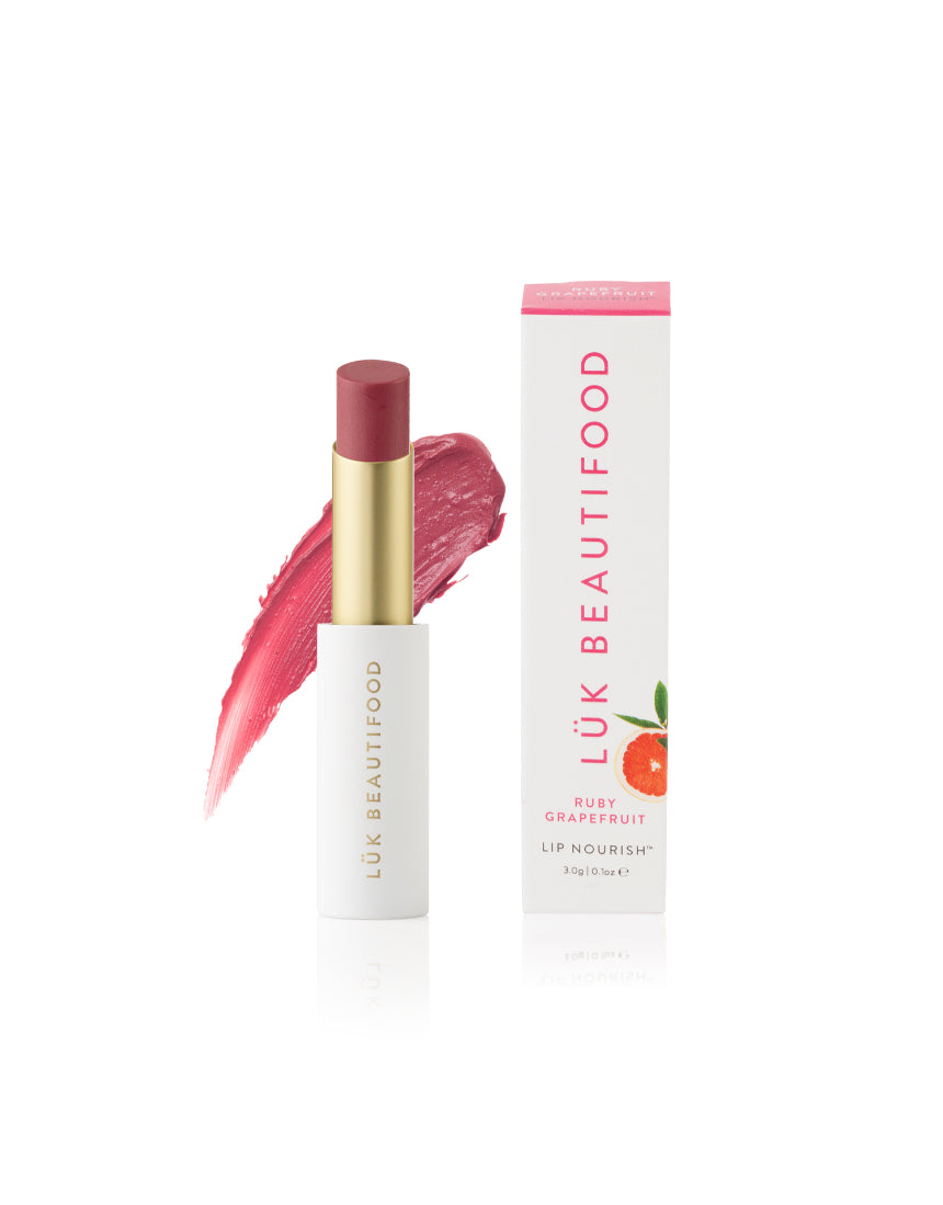 Luk Beautifood Lip Nourish lipstick in Ruby Grapefruit with vibrant orange-red shade and sleek packaging.