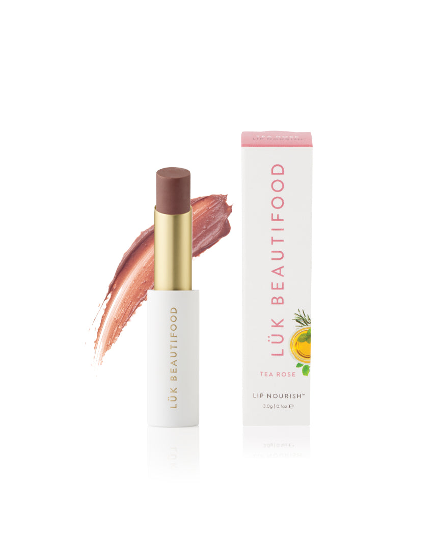 Luk Beautifood Lip Nourish lipstick in Tea Rose, featuring a smooth, natural-looking lipstick shade in elegant packaging.