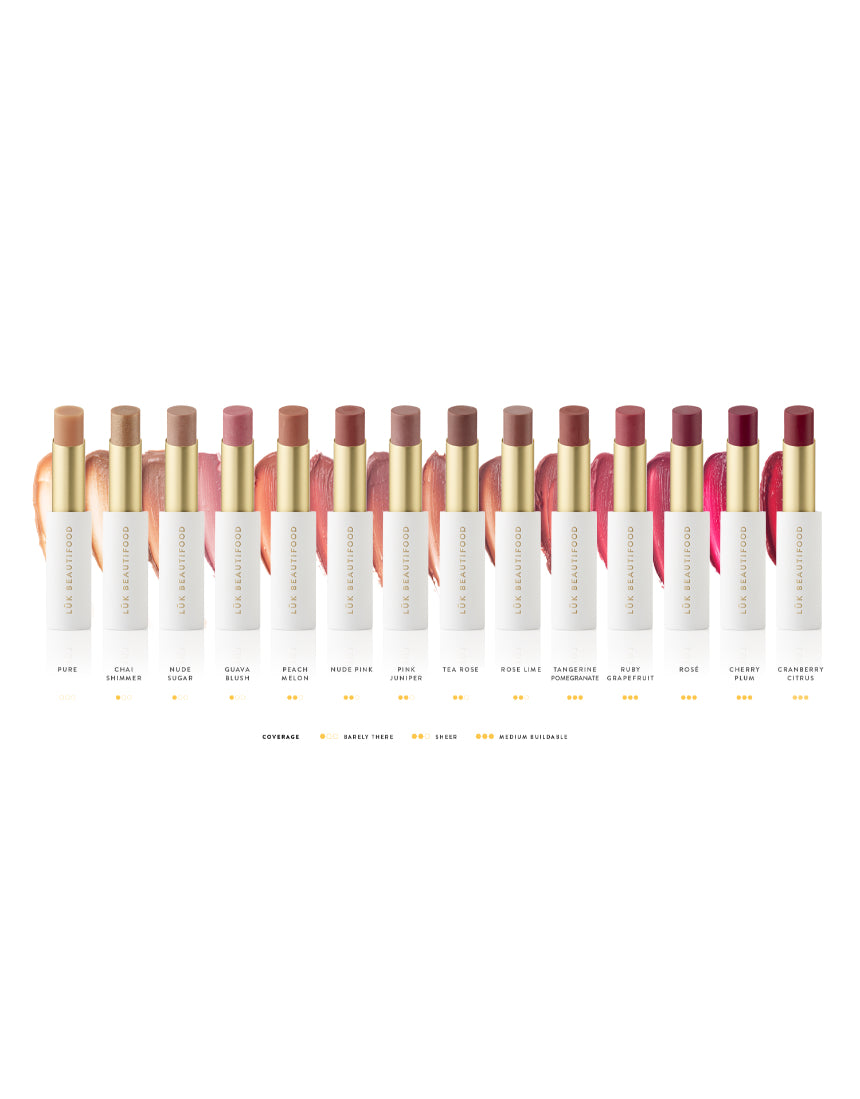 Luk Beautifood Lip Nourish lipstick in Pink Juniper with sleek packaging and the lipstick bullet visible in a close-up shot.