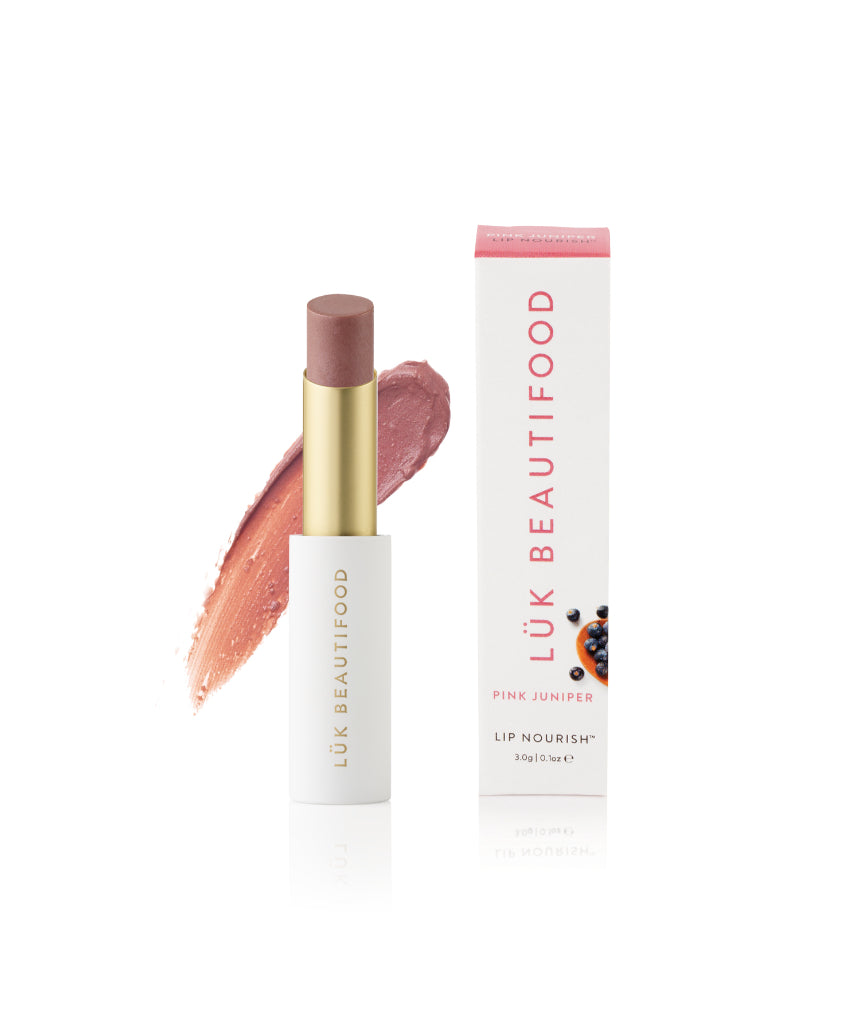 Luk Beautifood Lip Nourish lipstick in Pink Juniper shade, featuring a creamy texture and natural lipstick packaging.