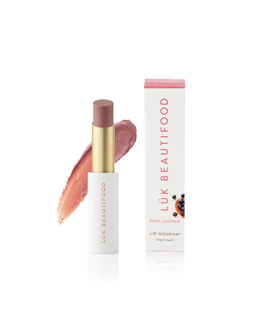 Luk Beautifood Lip Nourish lipstick in Pink Juniper shade, featuring a creamy texture and natural lipstick packaging.