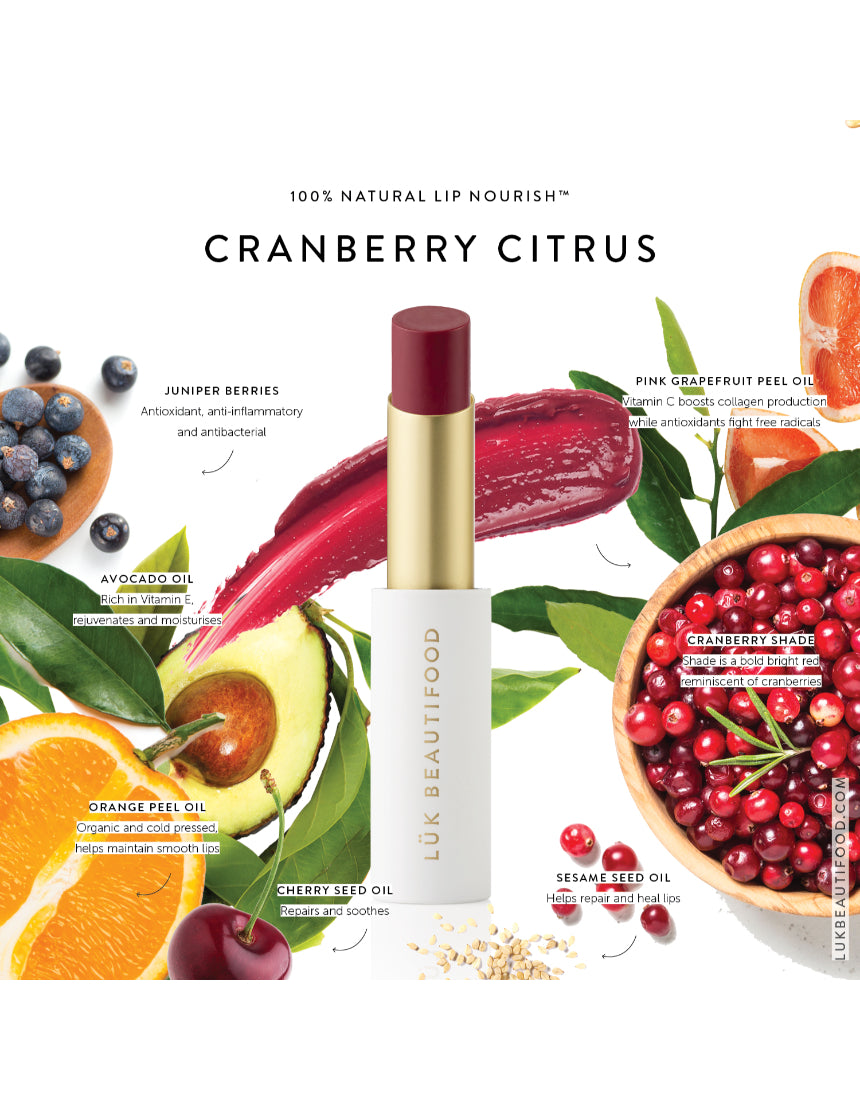Luk Beautifood Lip Nourish lipstick in Cranberry Citrus, showing the sleek tube and vibrant cranberry citrus shade.