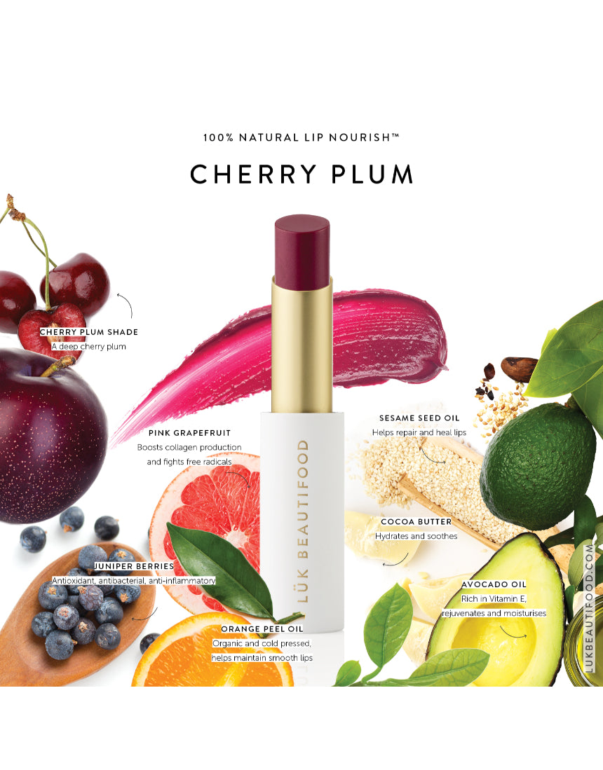 Luk Beautifood Lip Nourish Cherry Plum lipstick tube with the lipstick partially open, showing the rich cherry plum shade.