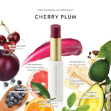 Luk Beautifood Lip Nourish Cherry Plum lipstick tube with the lipstick partially open, showing the rich cherry plum shade.