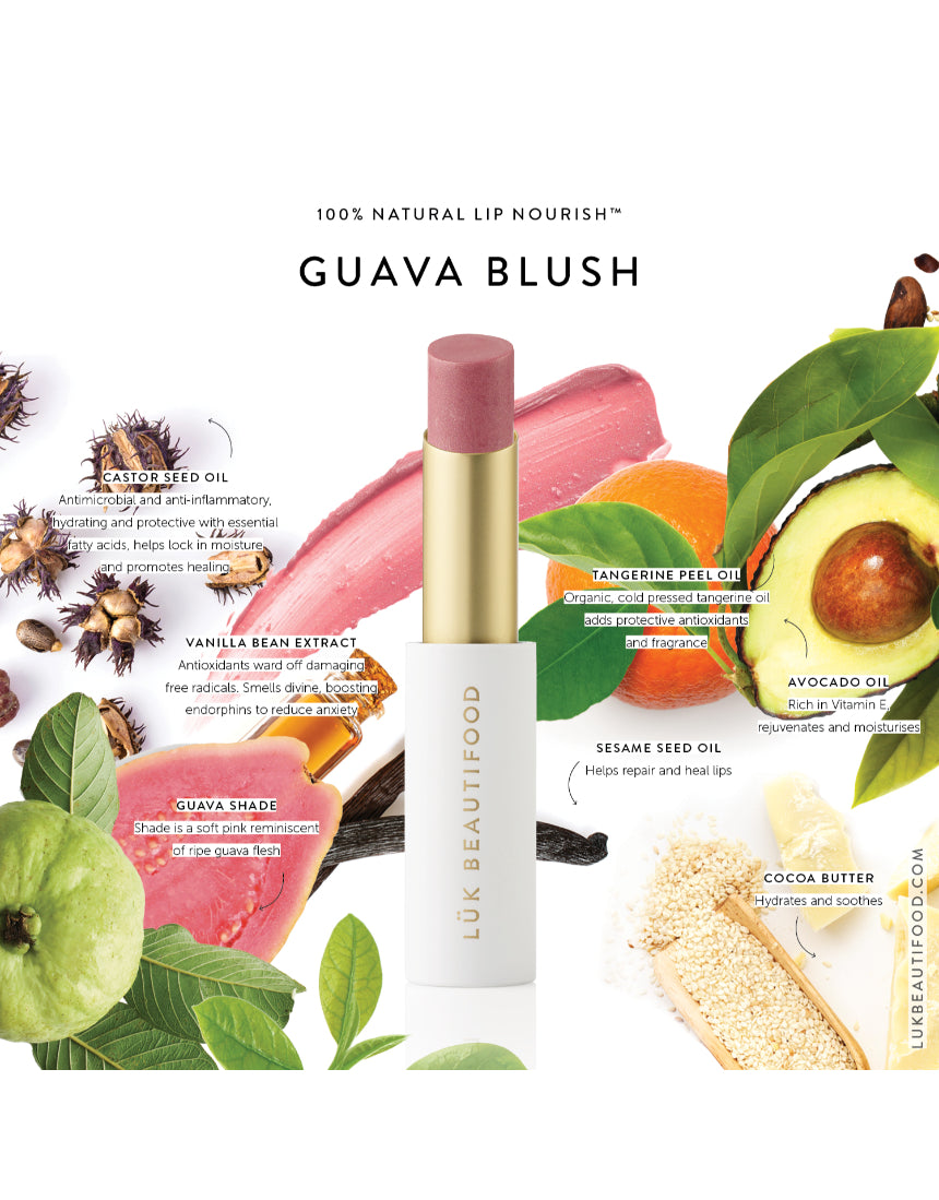 Luk Beautifood Lip Nourish lipstick in Guava Blush with creamy texture and natural pinkish-orange shade.