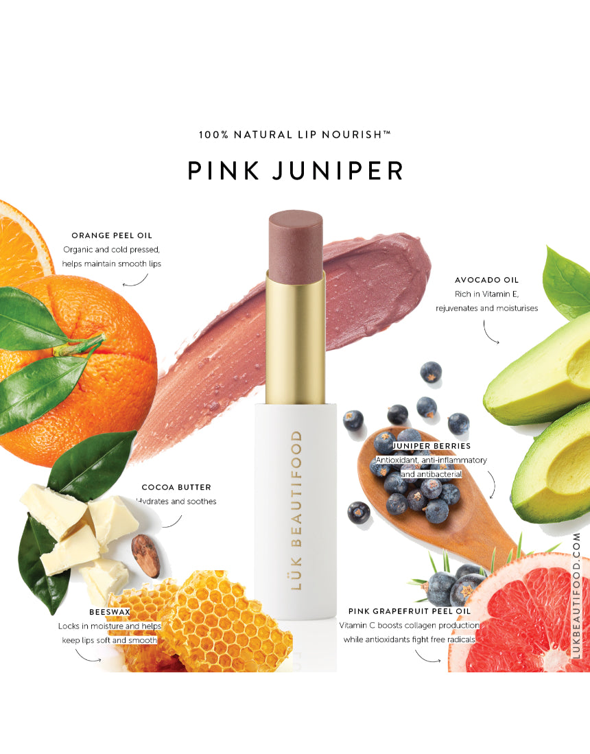 Luk Beautifood Lip Nourish lipstick in Pink Juniper with natural, creamy finish and sleek packaging.